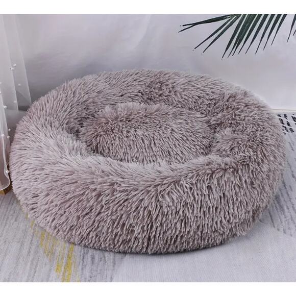Pet Bed Plush Dog Cat Fluffy Luxury Taupe Medium 19.7" Round Non Slip - Picture 7 of 7
